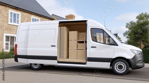 Moving van loaded with boxes parked on residential street during daytime hours