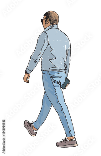 Hand drawing of one casual modern  man pedestrian in sunglasses with smartphone, walking outdoors, realistic sketch vector illustration isolated on white