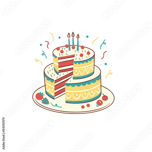 Cartoon style two-tier birthday cake with candles and decorations. Ideal for party invitations, kids greeting cards, and celebration posters.