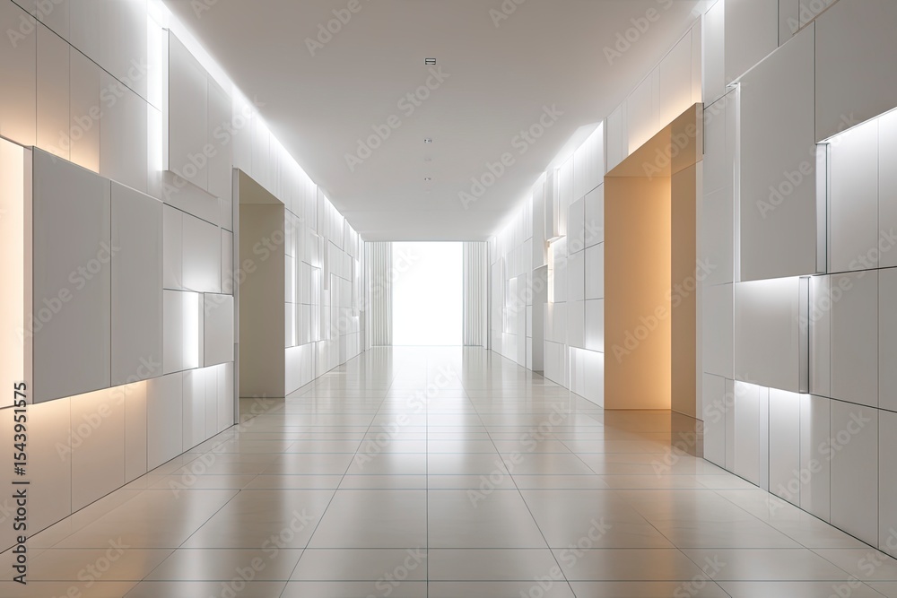 Fototapeta premium Modern Abstract Corridor with Bright White Walls and Geometric Panels