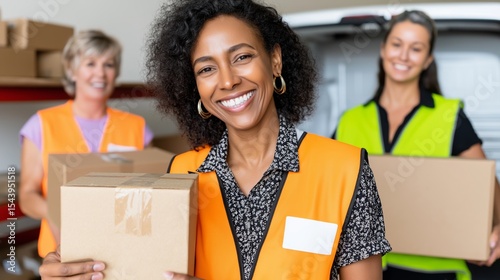 Women working together in warehouse, delivering packages with enthusiasm and teamwork