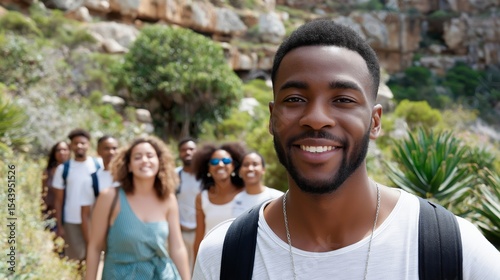 Group of friends hiking on a sunny day in nature while enjoying the outdoors