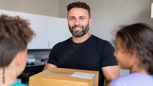 Delivery man surprises children with a package in a modern kitchen setting
