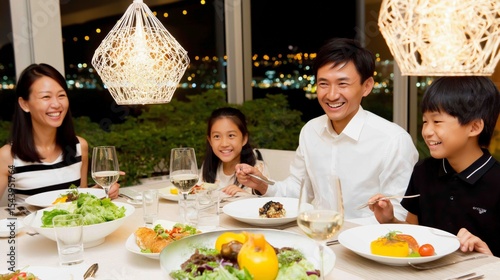 Family enjoys a delightful dinner at a modern restaurant with beautiful city views in the evening