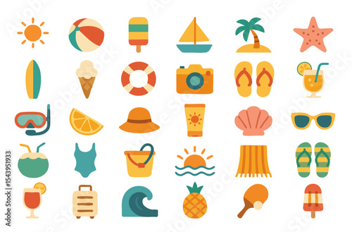 Flat vector icons with vibrant summer elements: sun, beach accessories, cocktails, swimsuits, and tropical fruits. Perfect for travel brochures, holiday designs, or seasonal web illustrations.