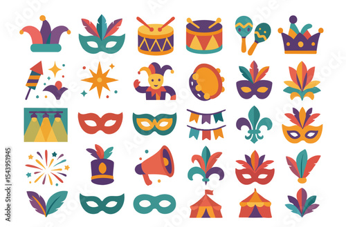 Colorful flat vector icons of carnival elements, including masks, drums, crowns, fireworks, and festive accessories. Ideal for party invitations, Mardi Gras designs, and celebration-themed graphics.