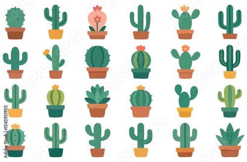 Vector set of various cacti and succulents in colorful pots. Perfect for gardening designs, botanical illustrations, home decor, and nature-themed content.