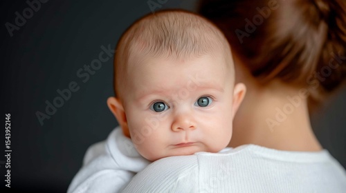 Baby with blue eyes gazes curiously over mother's shoulder at home in soft lighting