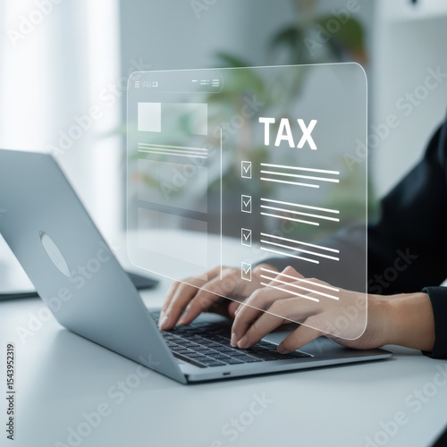 Filing taxes online with laptop and digital tax form interface. Online tax filing, digital finance management, and modern e-government services.