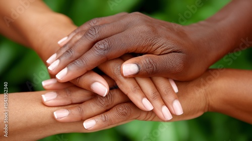 Unity and support demonstrated by diverse hands together on a green background
