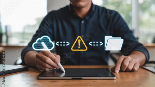 Data transfer alert between cloud and folder on tablet interface, suggesting a data risk or interruption during a file transfer.