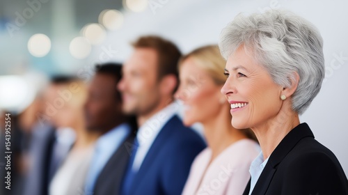 Smiling professional woman stands confidently among colleagues in a modern office setting