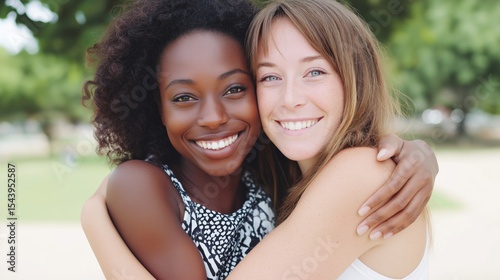 Two smiling friends enjoying a sunny day in a green park while embracing each other