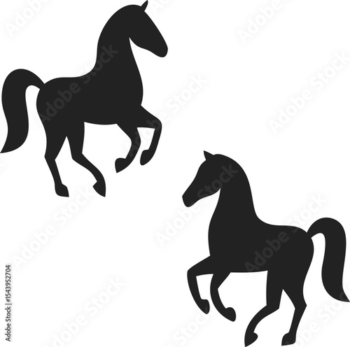 Playful Trot Horse Silhouettes – Two Solid Black Horses in Motion with Flowing Manes, One Larger Than the Other – Graceful Equine Illustration on White Background for Logos, Prints, and Decorative Art