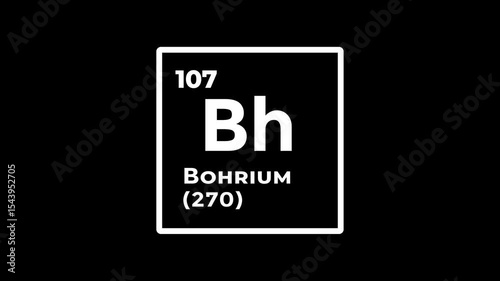 Bohrium, chemical element of the periodic table graphic animation. Alpha channel. Transparent background motion design. 4K resolution