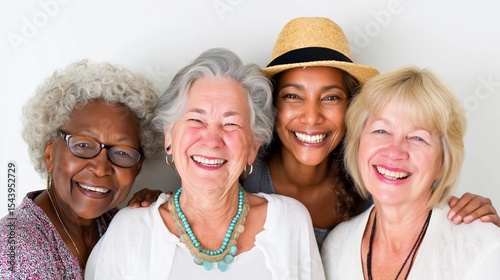 Four diverse women share smiles and laughter indoors with bright expressions and casual attire
