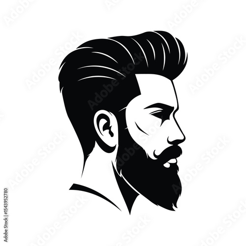 Profile View of Man with Pompadour Hairstyle and Full Beard Black and White Vector Illustration