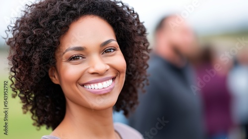 Smiling woman with curly hair enjoys a sunny day outdoors with friends at a gathering