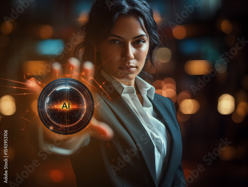  Professional Woman Interacting with AI Technology in a Business Context