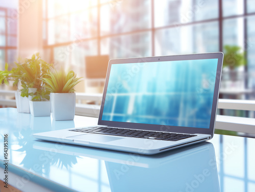 Modern Laptop with Futuristic Digital Interface on Screen in Office Environment