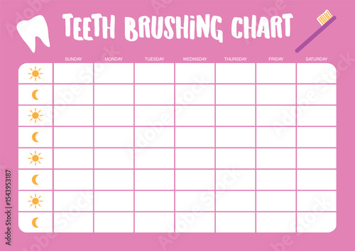 Monthly teeth brushing chart. For printing. Vector. Pink background.