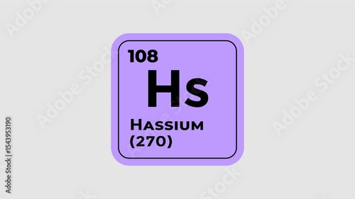 Hassium, chemical element of the periodic table graphic animation. Alpha channel. Transparent background motion design. 4K resolution