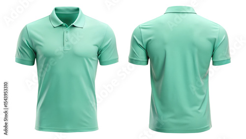 mint green polo shirt front and back view isolated on transparent white background png, clipping path