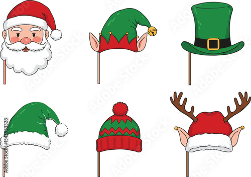 Cartoon Christmas photo booth props collection including Santa hat, elf ears, reindeer antlers, holiday hats, festive accessories, perfect for holiday party fun and decoration