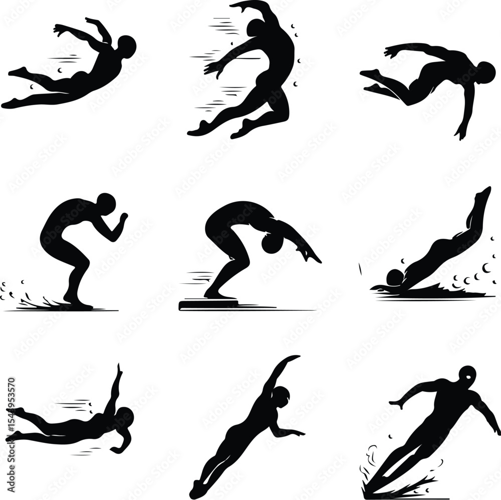 Obraz premium Diving Pose Silhouette Icons – Swimmer Action Symbol Collection Swimmer Diving Icon Silhouette Set – Athletic Water Sports Pack