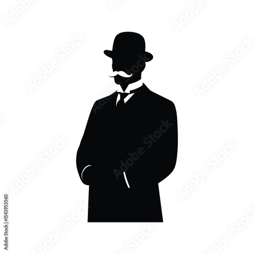 Silhouette of a Gentleman with a Bowler Hat and Mustache  Vintage Man Illustration
