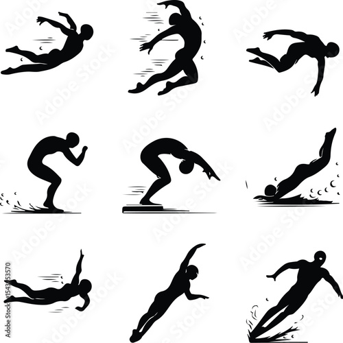 Diving Pose Silhouette Icons – Swimmer Action Symbol Collection Swimmer Diving Icon Silhouette Set – Athletic Water Sports Pack