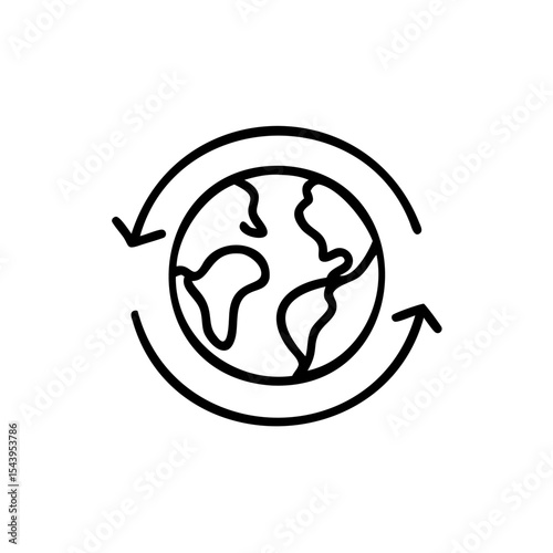 Black Line Art World Globe Circular Arrows Eco Sustainability Recycling Environment Icon Graphic Design Element