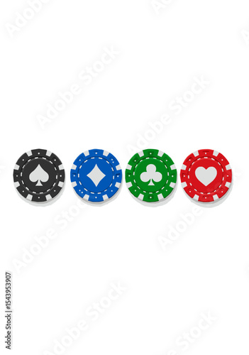 Colorful Poker Chips in Blue, Green, Red and Black with Playing Card Suit Symbols for Casino, Gambling, Games and Entertainment Concepts