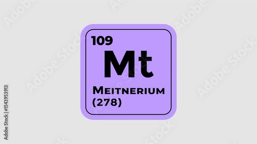 Meitnerium, chemical element of the periodic table graphic animation. Alpha channel. Transparent background motion design. 4K resolution