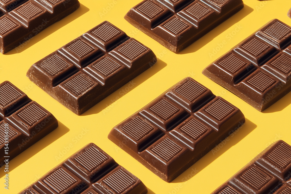 Fototapeta premium delicious chocolate bars neatly arranged on bright yellow surface, top-down view, rich tones
