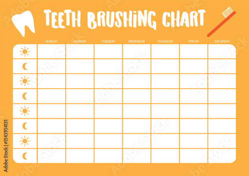 Monthly teeth brushing chart. For printing. Vector. Yellow background.