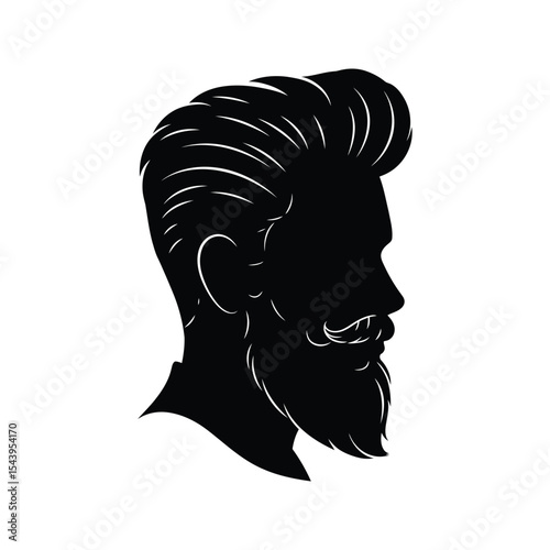 Silhouette of a Man with Pompadour Hairstyle and Beard Profile View Black and White Vector Illustration