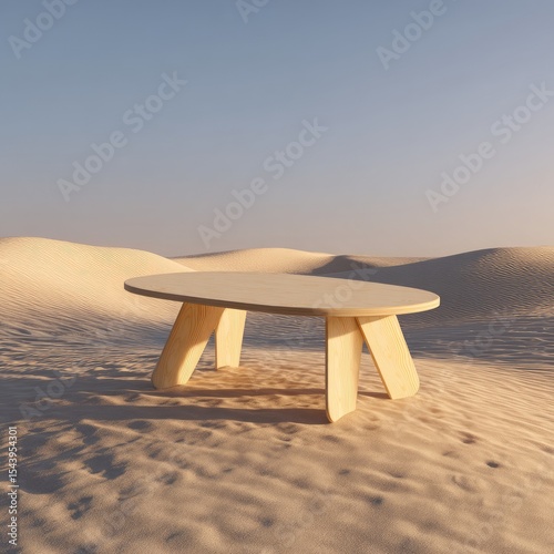 Oval light-wood coffee table with minimalist, slightly splayed legs sits on a sandy desert dune under a clear sky