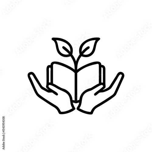 Two hands gently cradling an open book with a small plant sprouting from its center leaves and stem growing