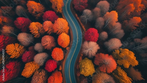 Vista aérea de una carretera asfaltada en un bosque otoñal.