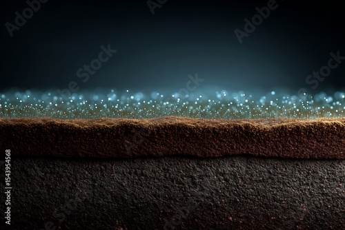 Close up of fungal mycelium emitting faint bioluminescent glow underground natural forest soil section shown scientific realism