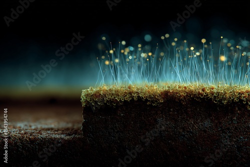 Close up of fungal mycelium emitting faint bioluminescent glow underground natural forest soil section shown scientific realism