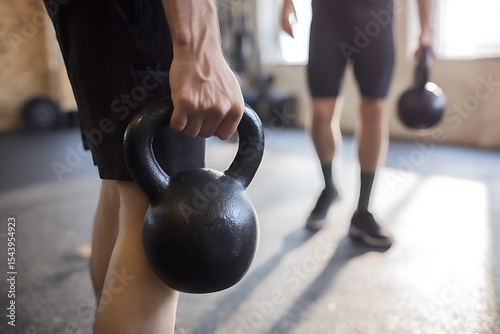 Man holding kettlebell in gym (2) photo