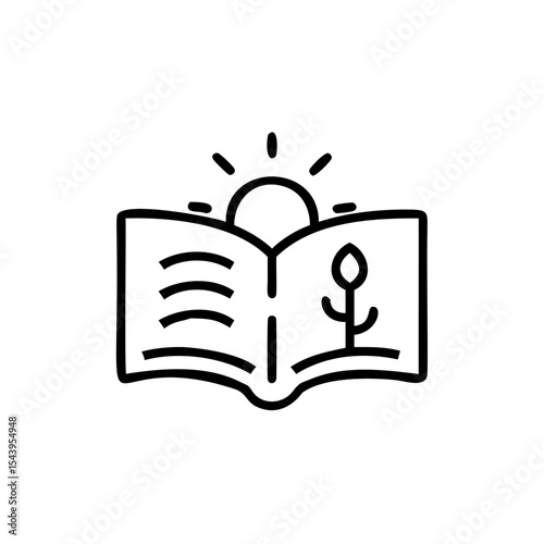 Open book illustration featuring a sun plant and wavy lines symbolizing ecology and environmental awareness