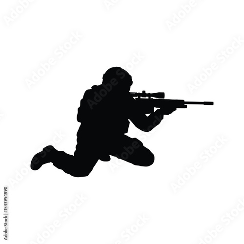 Sniper Silhouette Soldier Aiming Rifle Military Vector Black and White Tactical Shooter Armed Forces Combat Warfare Weapon Camo
