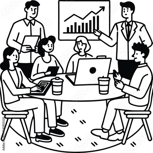 Line art vector of a business meeting with office workers discussing growth charts. Perfect for corporate presentations, infographics, and professional reports