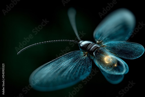 Close up of firefly abdominal light organ emitting controlled bioluminescence during flight highly realistic macro view