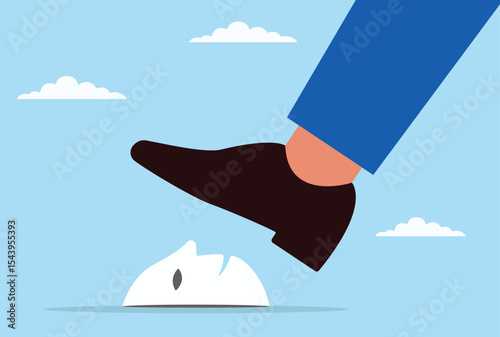 Vector illustration of a giant foot trying to trample a scam mask, representing the battle to crush deceit, fraud, and dishonesty in business and everyday life
