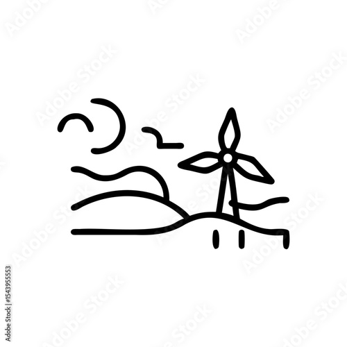 Windmill on a Hilltop Eco Friendly Landscape Illustration Black and White Line Art Graphic Design