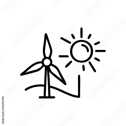 Black Line Drawing Sun Windmill Renewable Energy Eco Friendly Environment Icon Graphic Symbol